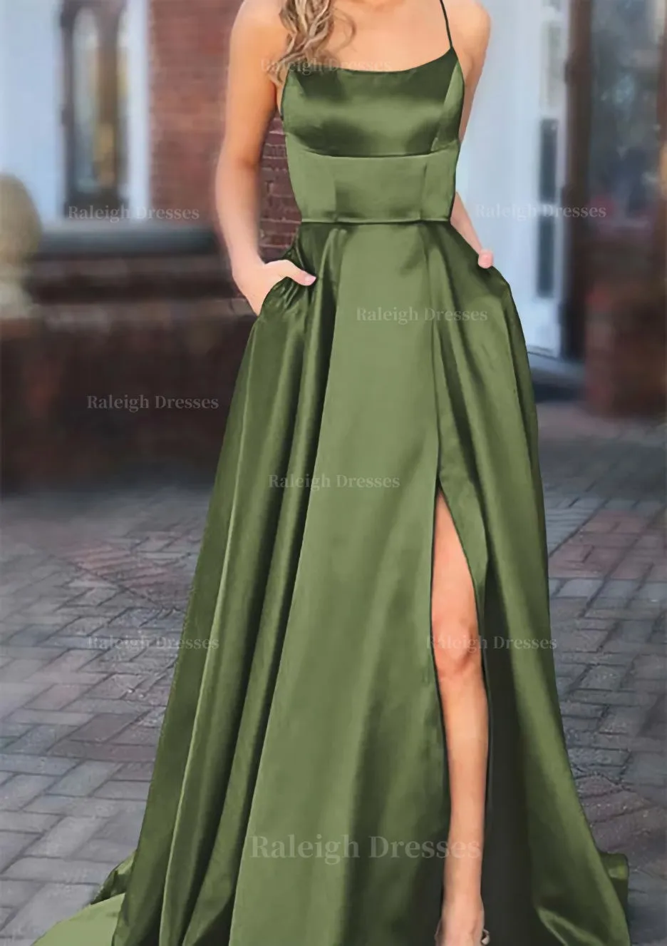 A-line Square Neckline Spaghetti Straps Sweep Train Charmeuse Prom Dress With Pockets Split