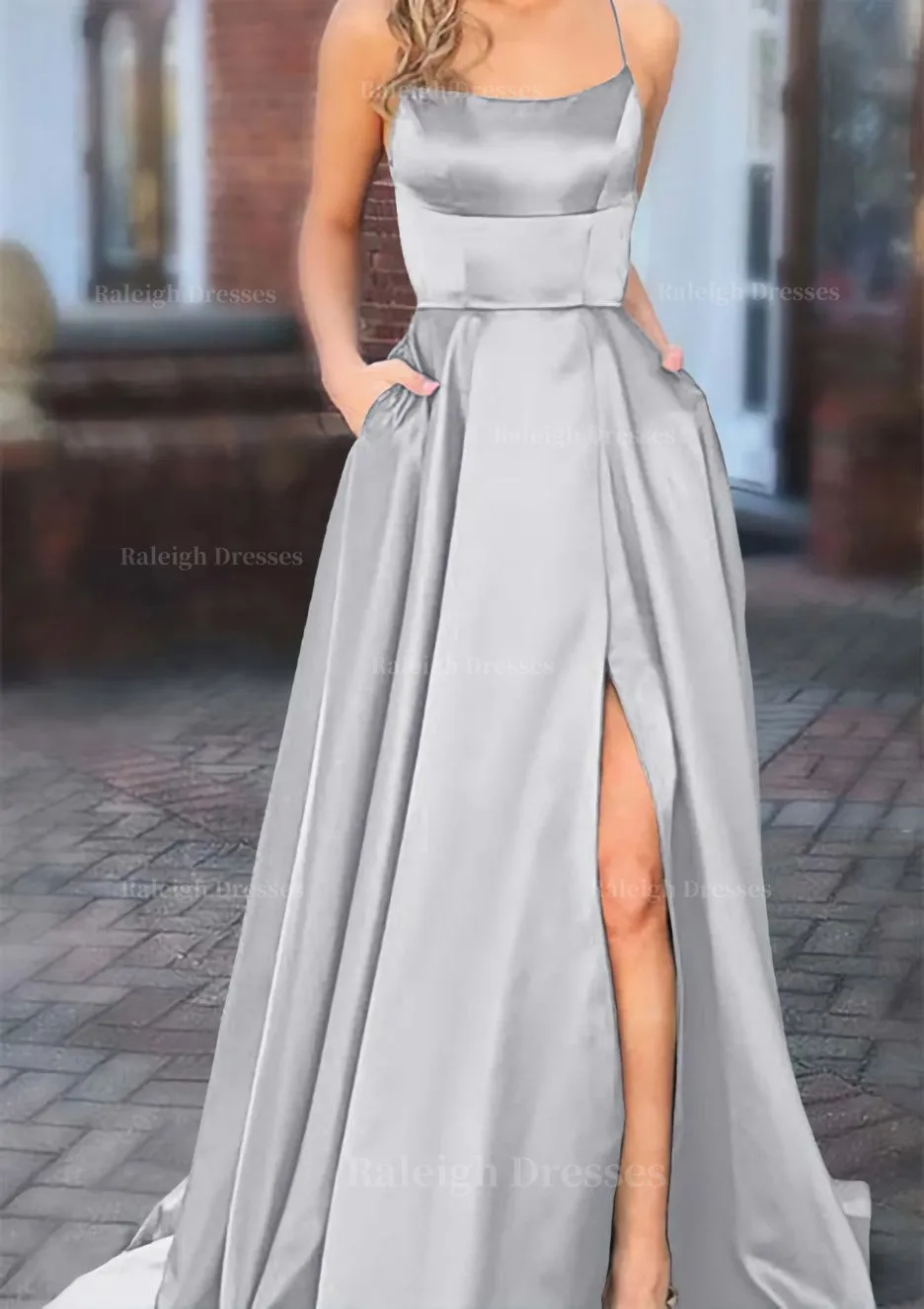 A-line Square Neckline Spaghetti Straps Sweep Train Charmeuse Prom Dress With Pockets Split