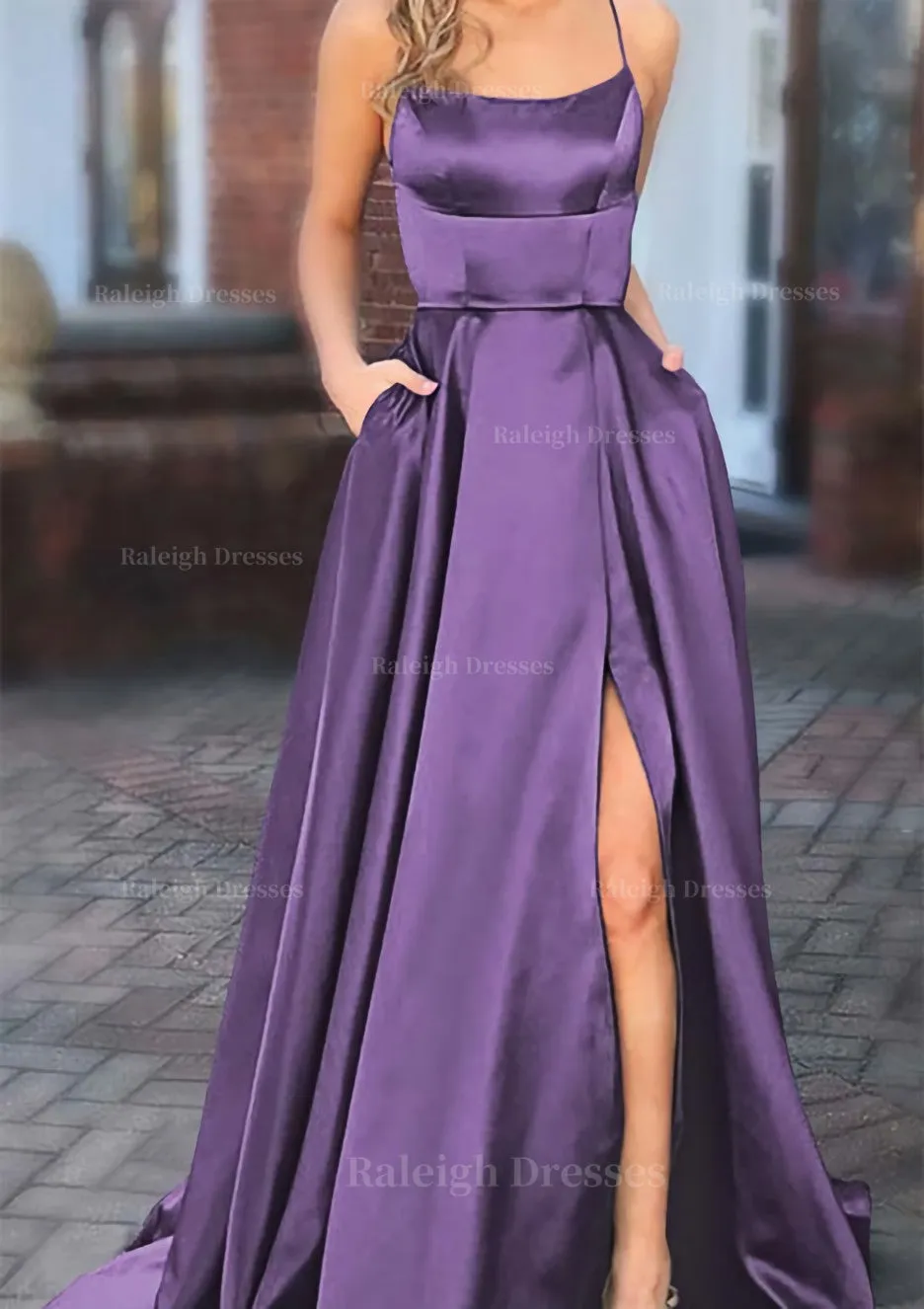 A-line Square Neckline Spaghetti Straps Sweep Train Charmeuse Prom Dress With Pockets Split