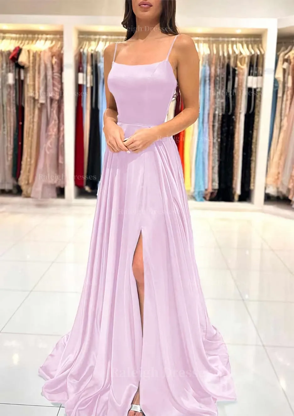 A-line Square Neckline Spaghetti Straps Sweep Train Charmeuse Prom Dress With Split