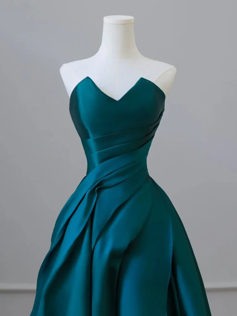 A-Line Strapless Satin Peacock Blue Long Prom Dress, Simple Peacock Blue Evening Dress