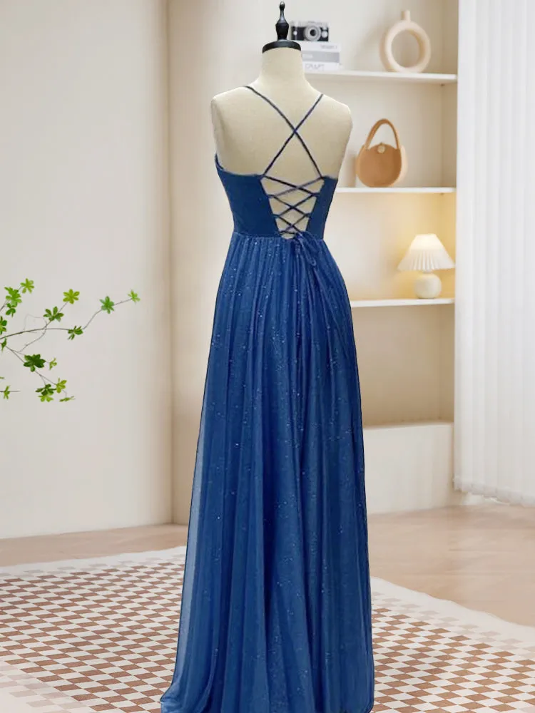 A-Line Sweetheart Neck Blue Long Prom Dress, Backless Blue Long Evening Dress