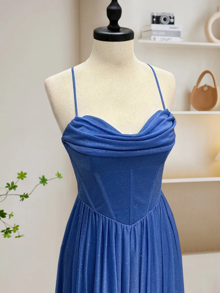 A-Line Sweetheart Neck Blue Long Prom Dress, Backless Blue Long Evening Dress