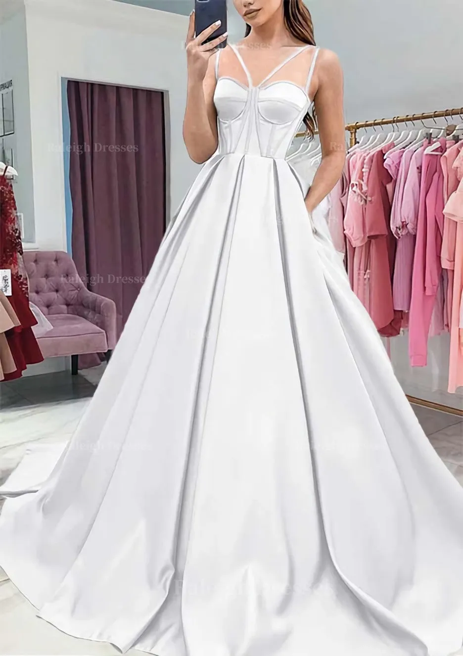 A-line Sweetheart Sleeveless Satin Sweep Train Prom Dress With Pockets