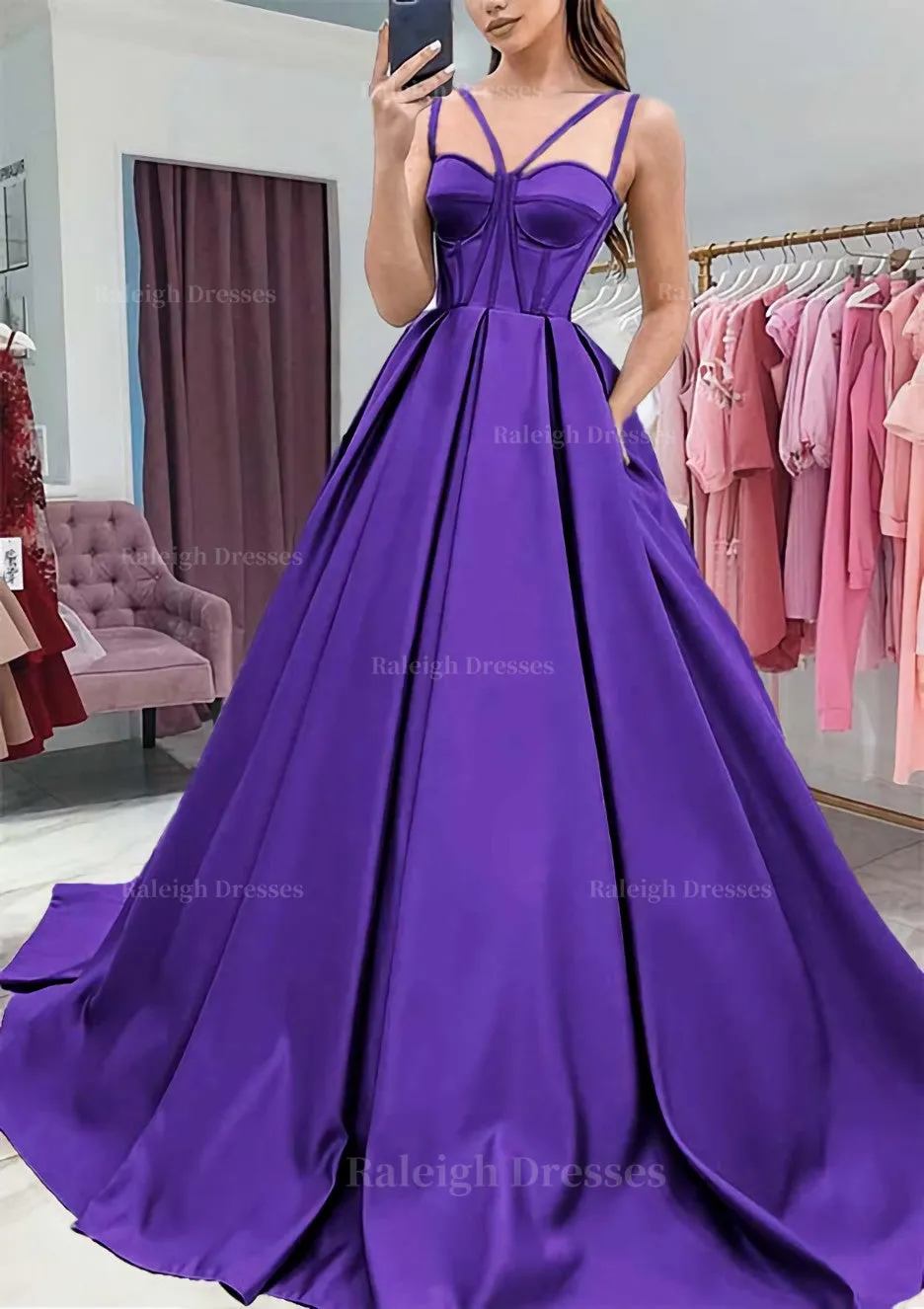 A-line Sweetheart Sleeveless Satin Sweep Train Prom Dress With Pockets