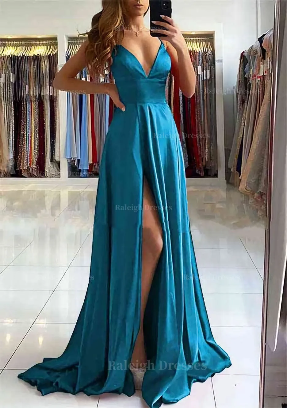 A-line V Neck Sleeveless Charmeuse Sweep Train Prom Dress With Split