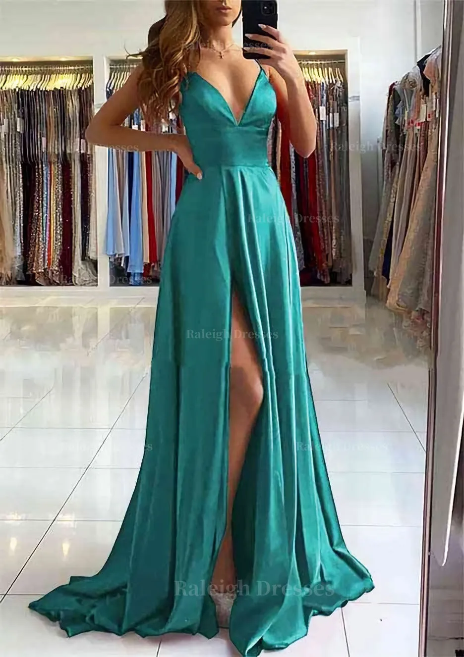 A-line V Neck Sleeveless Charmeuse Sweep Train Prom Dress With Split