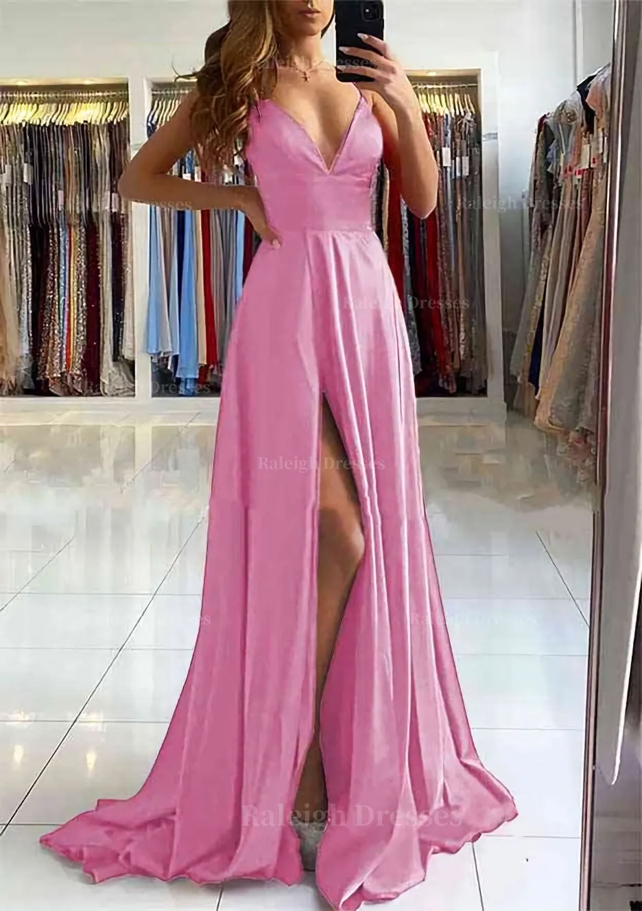 A-line V Neck Sleeveless Charmeuse Sweep Train Prom Dress With Split