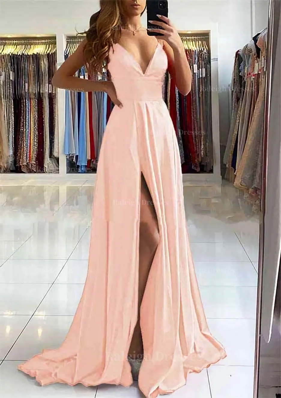 A-line V Neck Sleeveless Charmeuse Sweep Train Prom Dress With Split