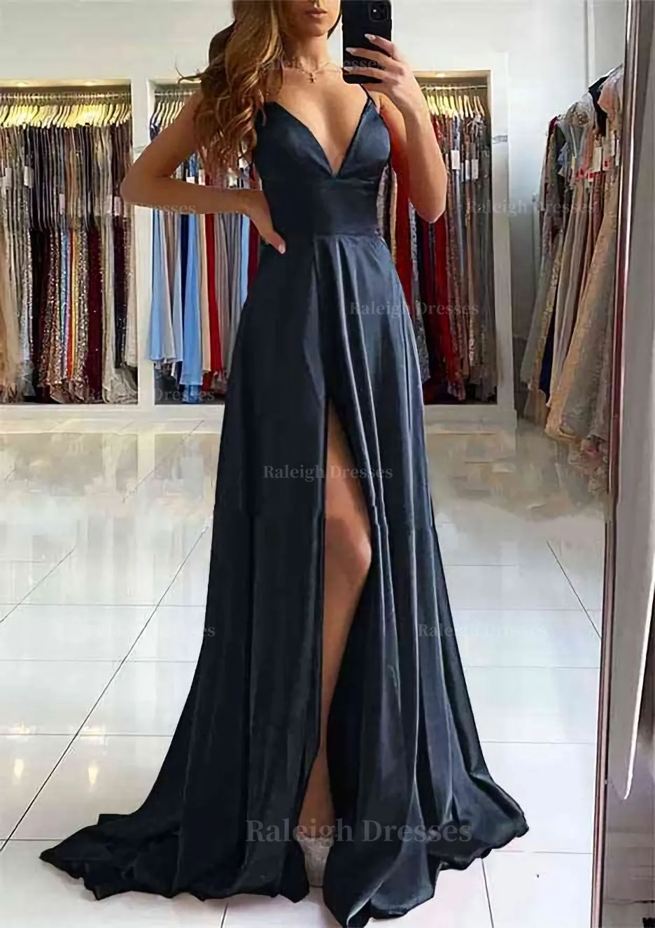 A-line V Neck Sleeveless Charmeuse Sweep Train Prom Dress With Split