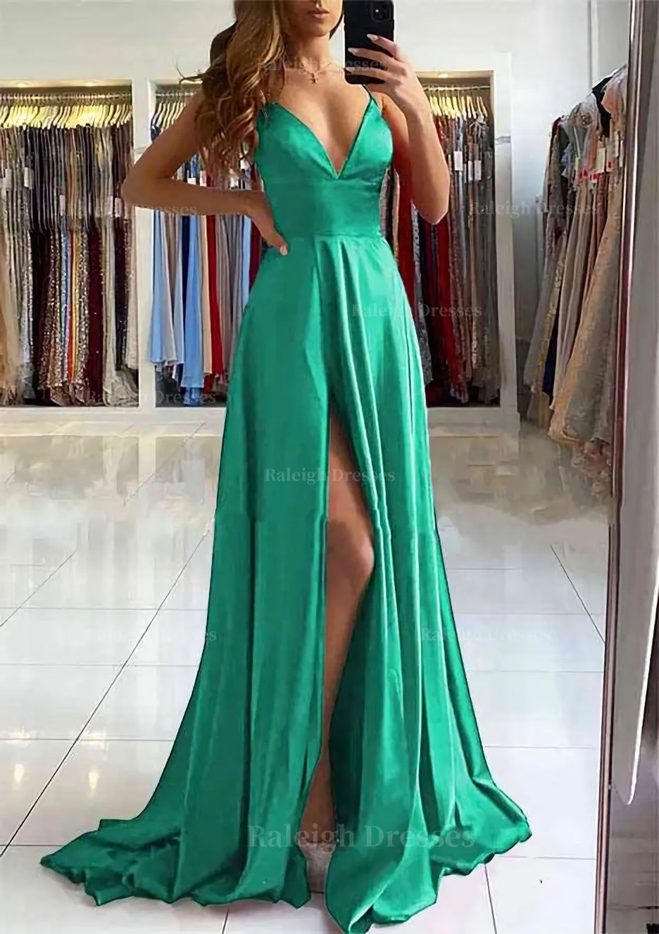 A-line V Neck Sleeveless Charmeuse Sweep Train Prom Dress With Split