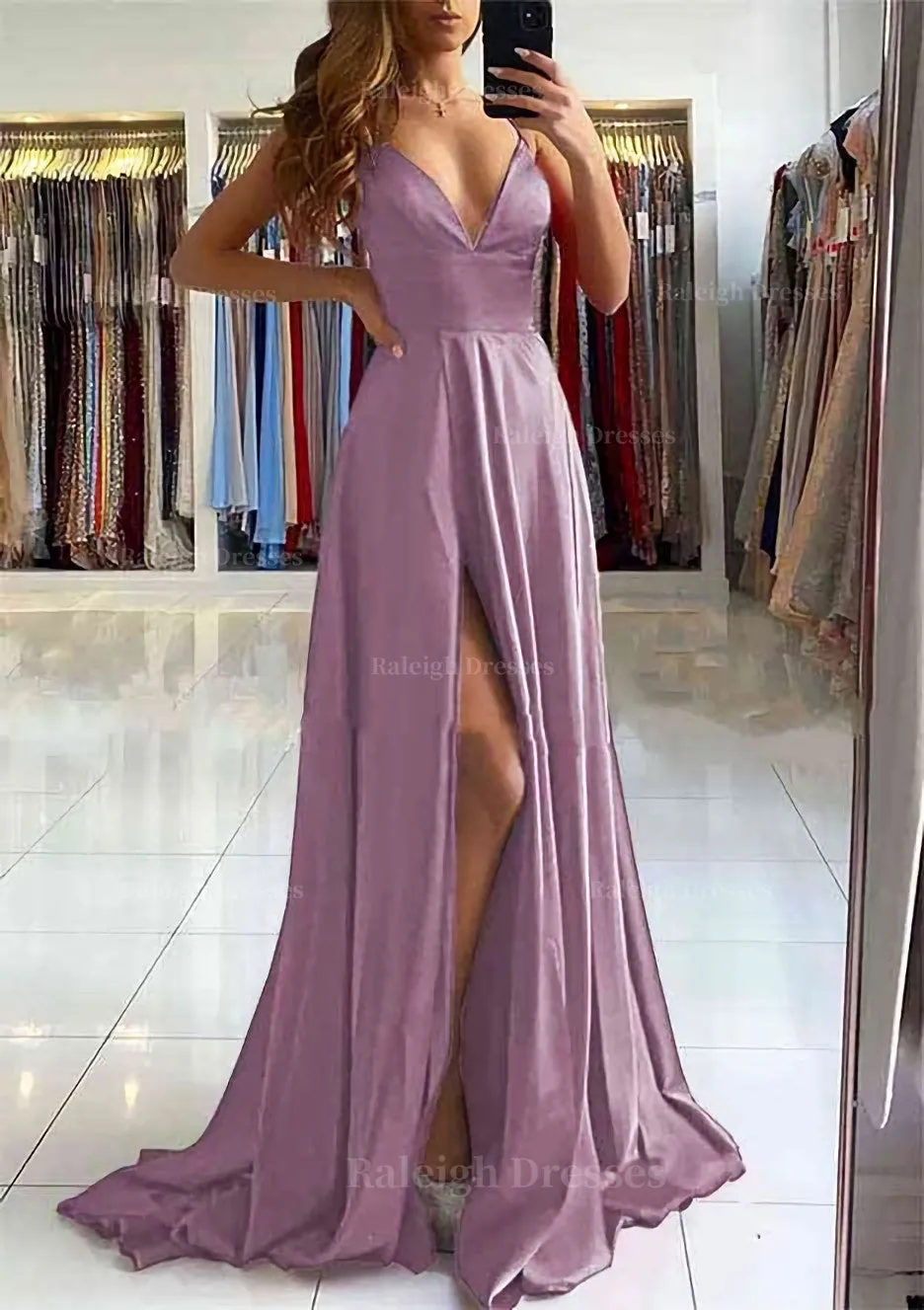 A-line V Neck Sleeveless Charmeuse Sweep Train Prom Dress With Split