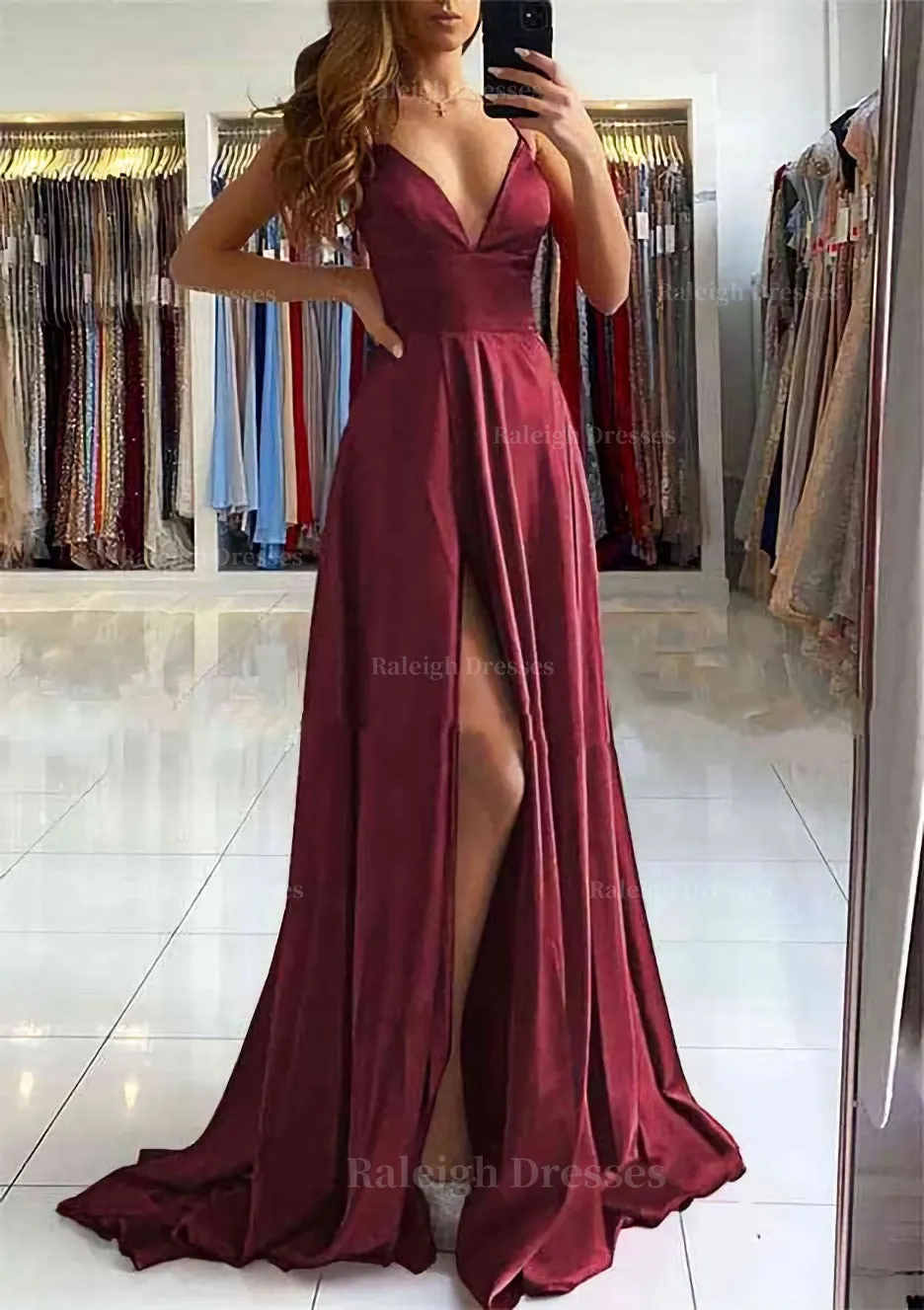 A-line V Neck Sleeveless Charmeuse Sweep Train Prom Dress With Split