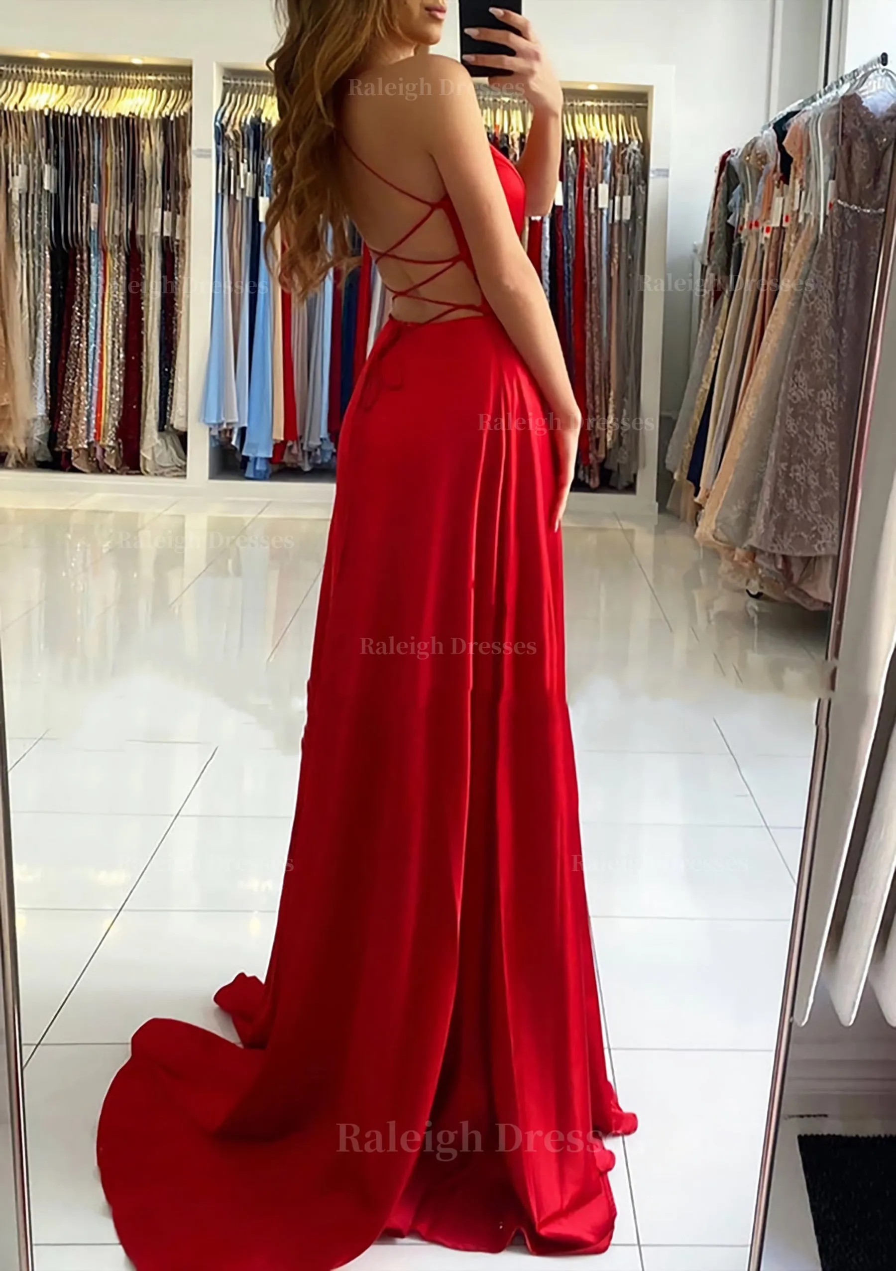 A-line V Neck Sleeveless Charmeuse Sweep Train Prom Dress With Split