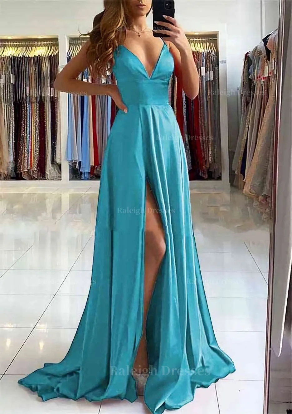 A-line V Neck Sleeveless Charmeuse Sweep Train Prom Dress With Split