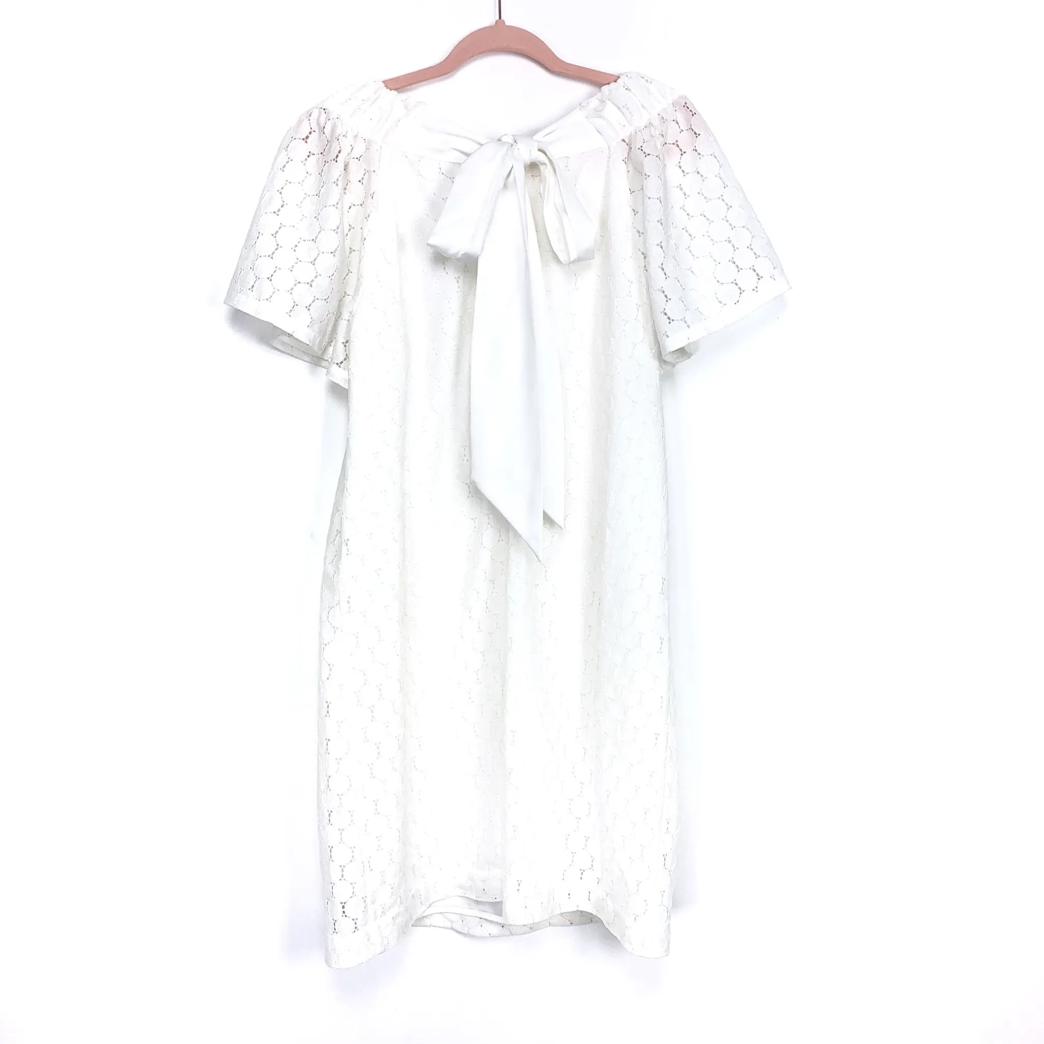 Abbey Glass White Crochet Lace Back Satin Tie Back Dress- Size XL