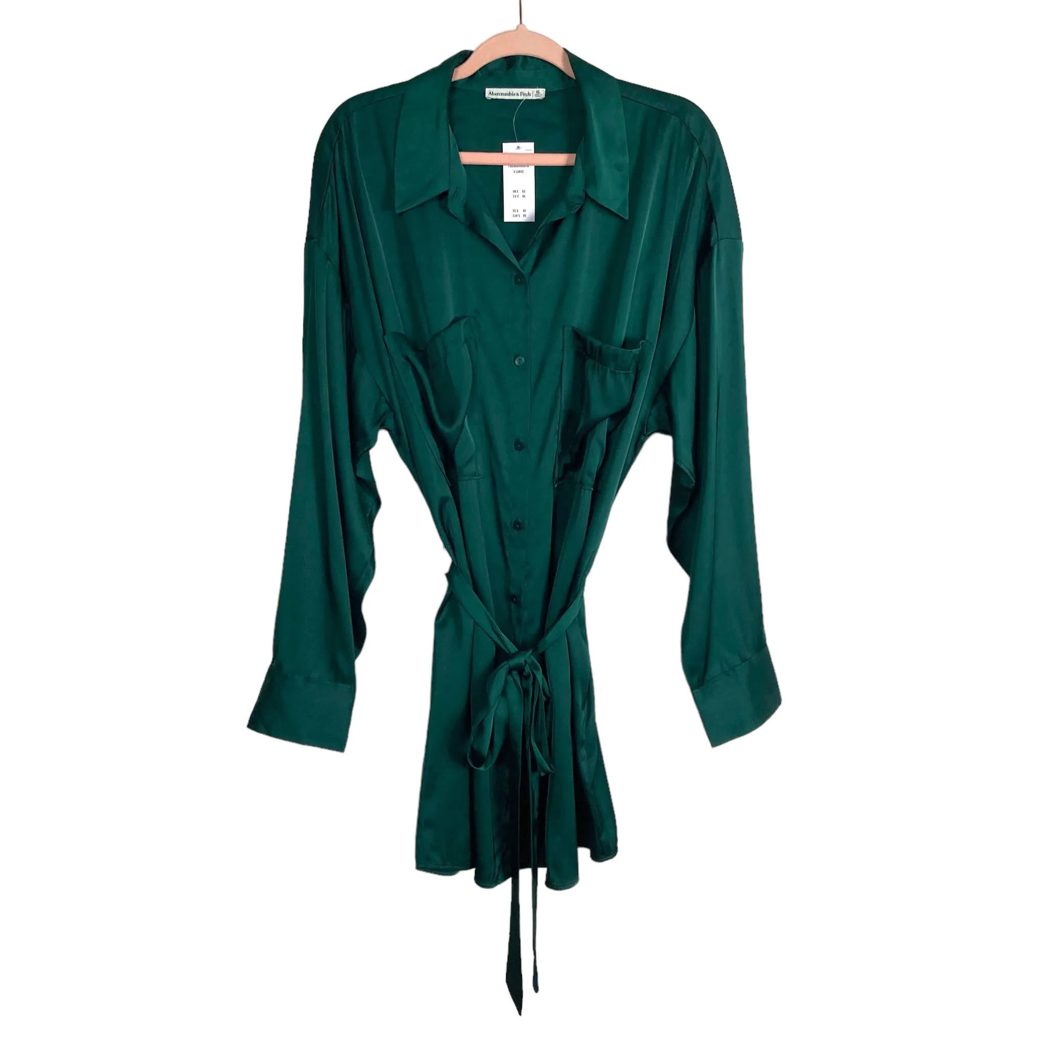 Abercrombie & Fitch Green Satin with Tie Belt Relaxed Shirt Dress NWT-Size XL (sold out online)