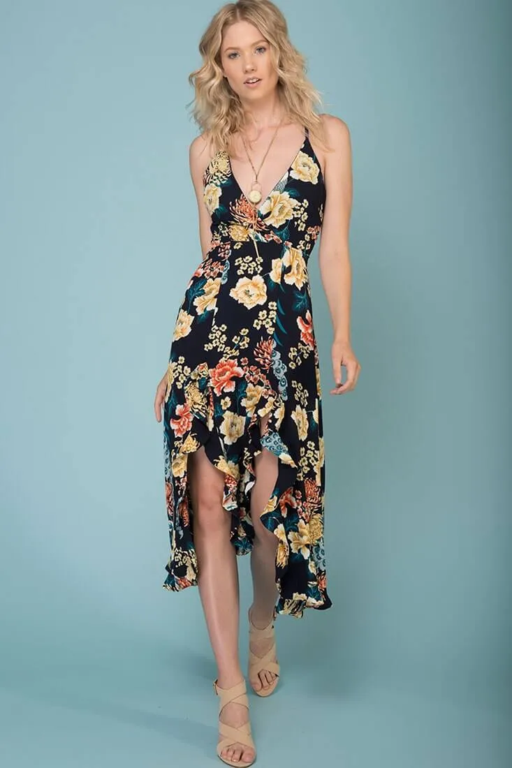 Adalynn Hi Low Deep V Floral Midi Dress Navy