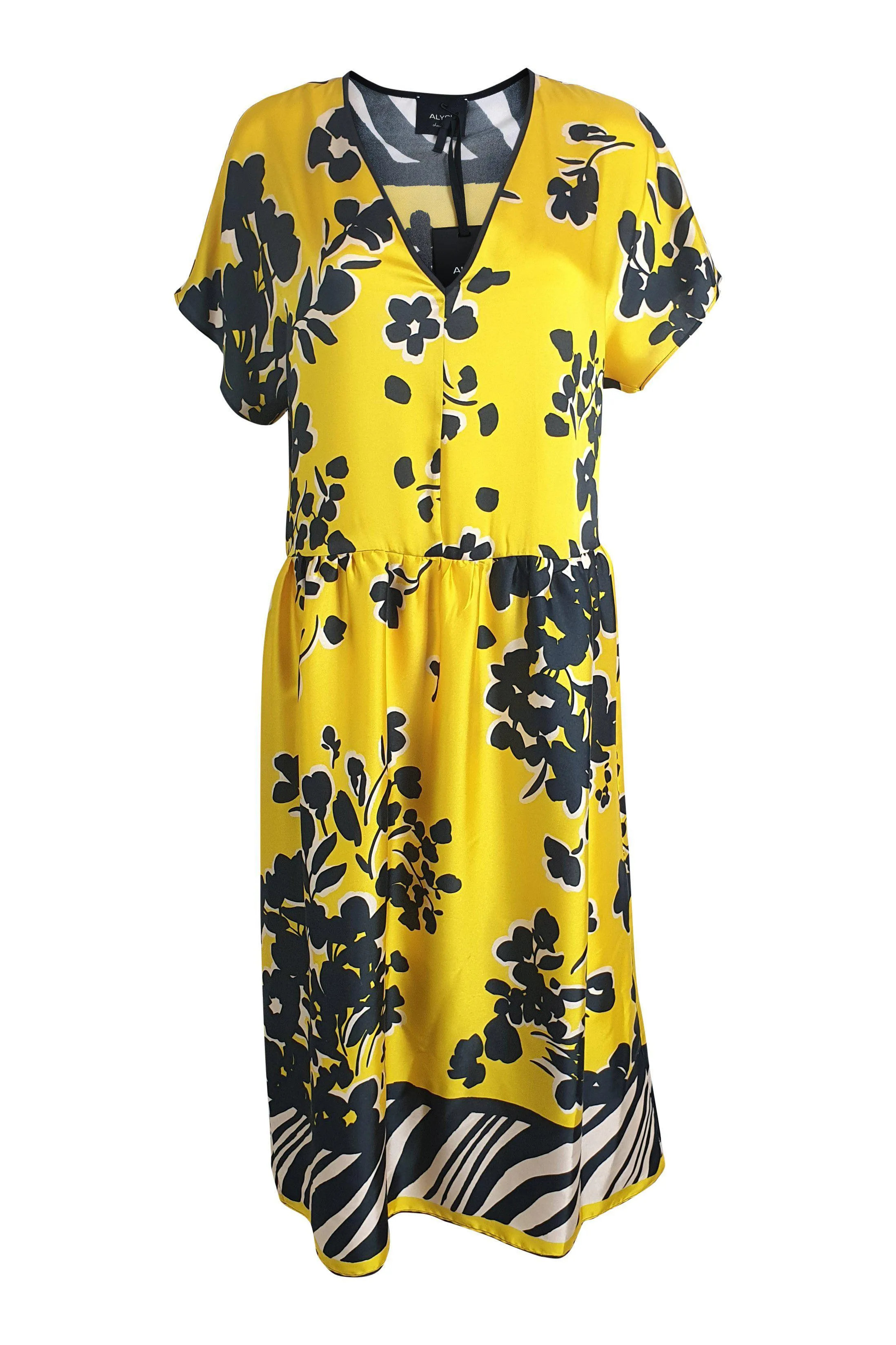 ALYSI CHOCOLAT Yellow Short Sleeve Floral Print Midi Dress (IT 44)