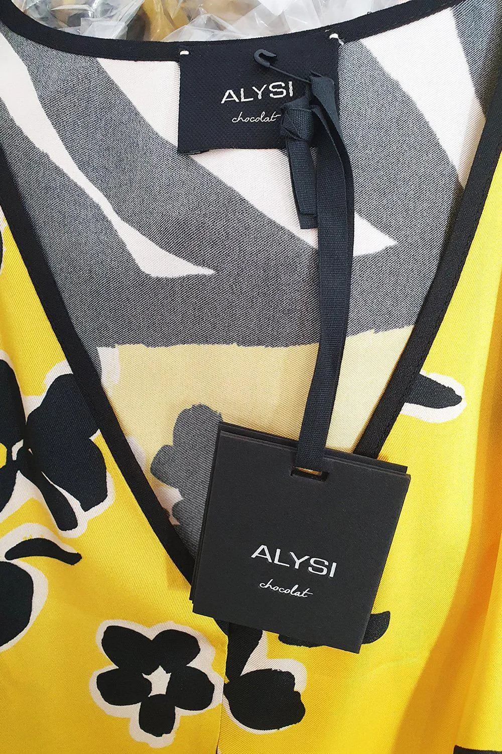 ALYSI CHOCOLAT Yellow Short Sleeve Floral Print Midi Dress (IT 44)