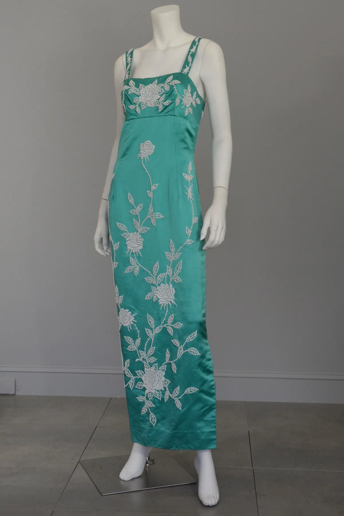 Aqua Silk Sheath Dress with Intricate Seed Bead Floral Design