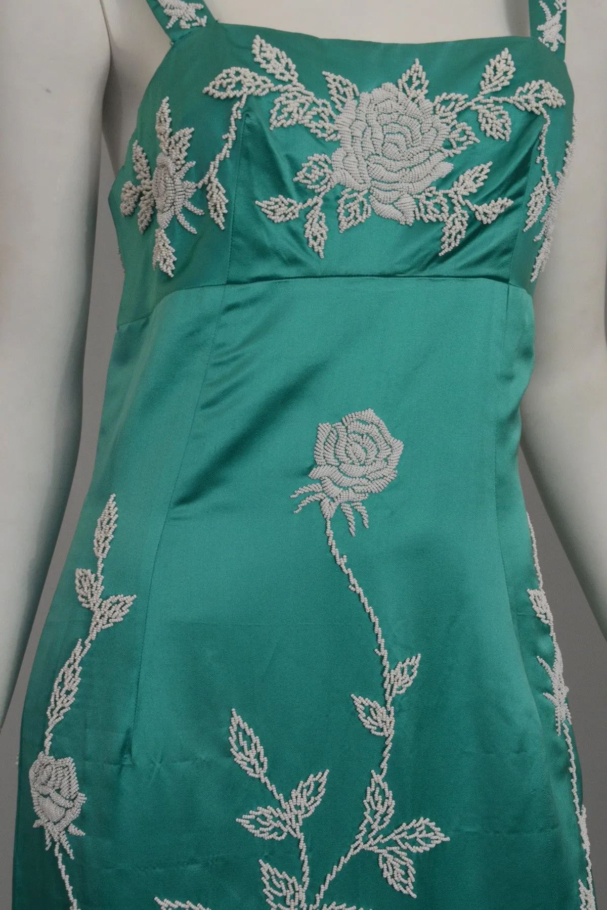 Aqua Silk Sheath Dress with Intricate Seed Bead Floral Design