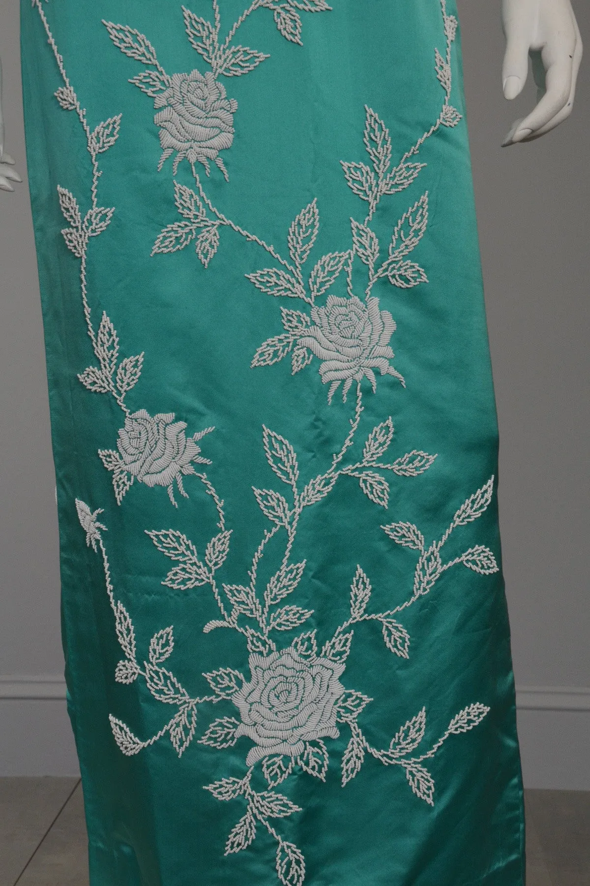 Aqua Silk Sheath Dress with Intricate Seed Bead Floral Design