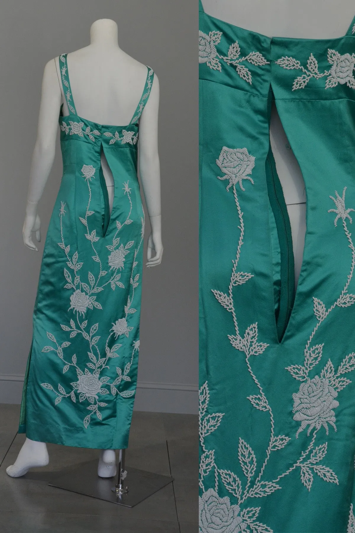 Aqua Silk Sheath Dress with Intricate Seed Bead Floral Design