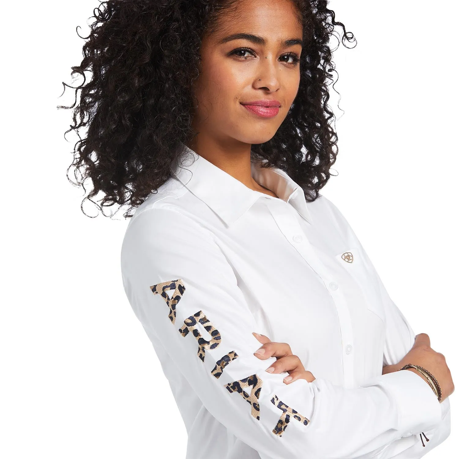 Ariat Women's Team Kirby Stretch Shirt, White with Leopard