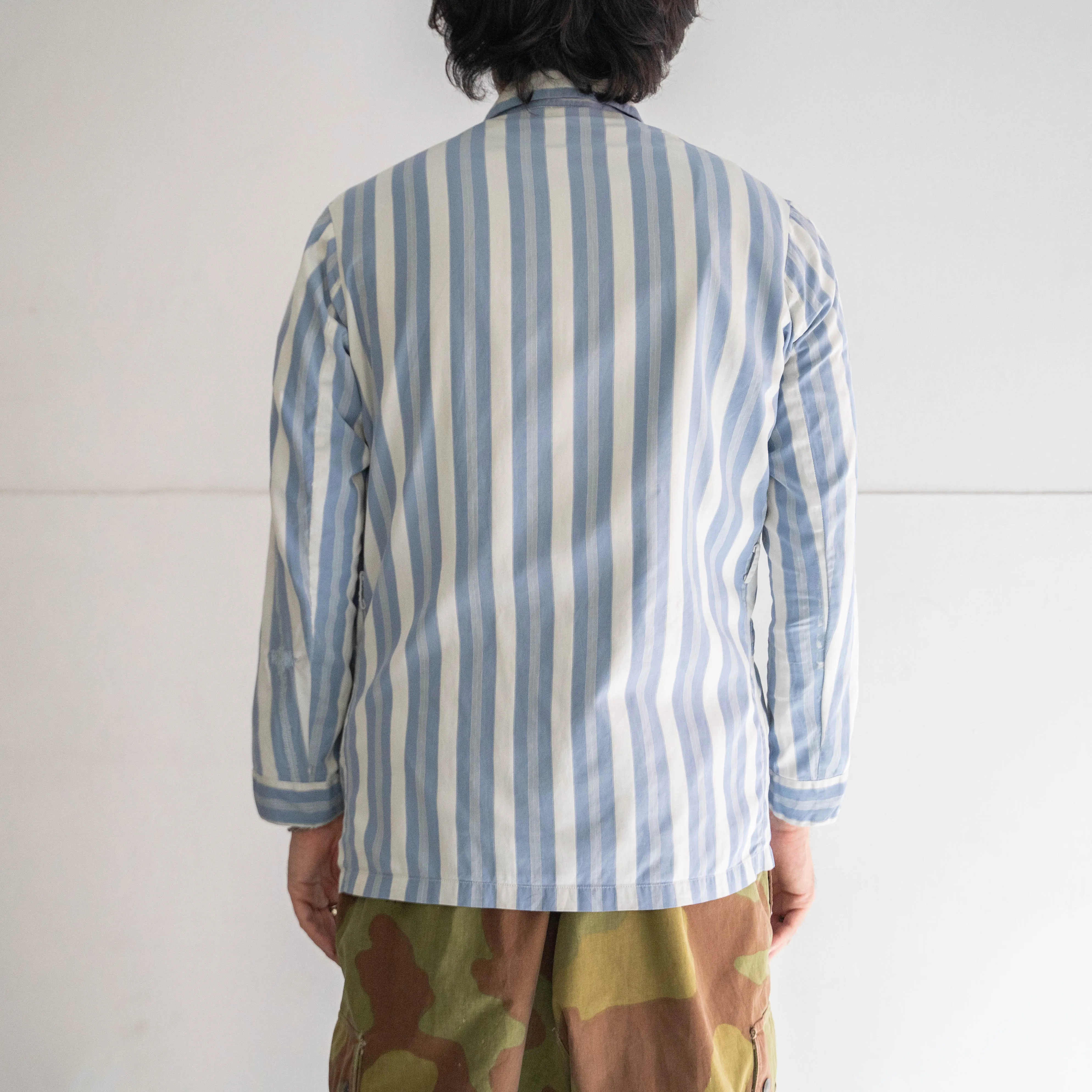 around 1980s French blue × white striped pajama shirt -repair-