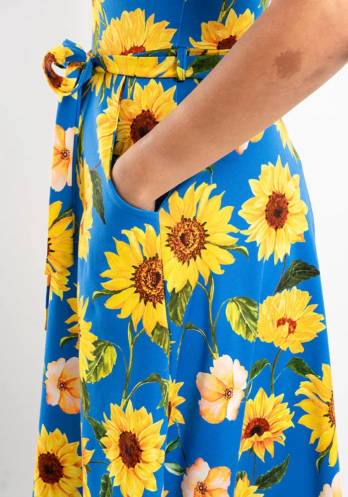 Azzurra Blue Sunflower Print Cotton Dress