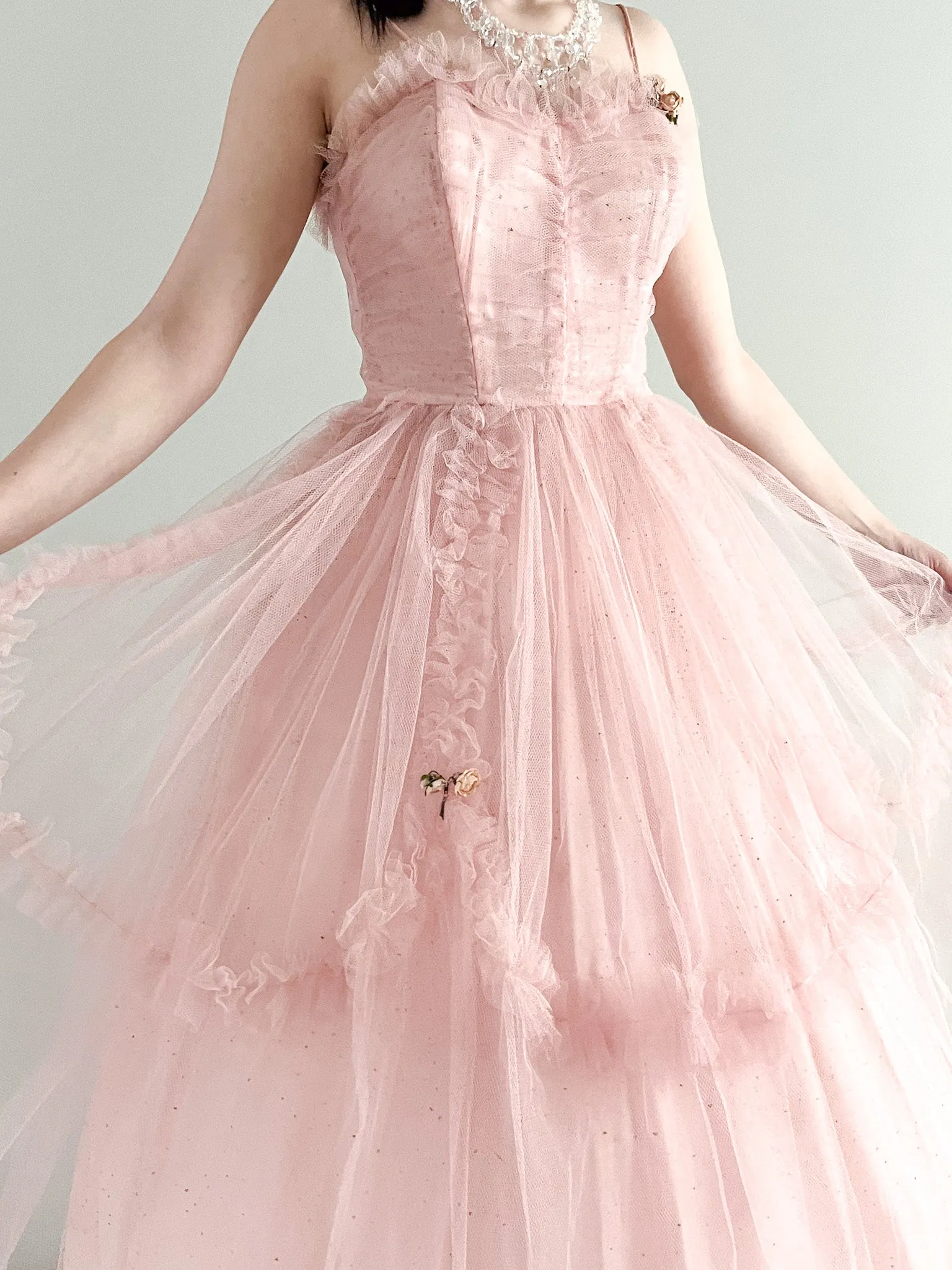 Beautiful 1950's Blush Pink Tulle Prom Dress / Sz XS