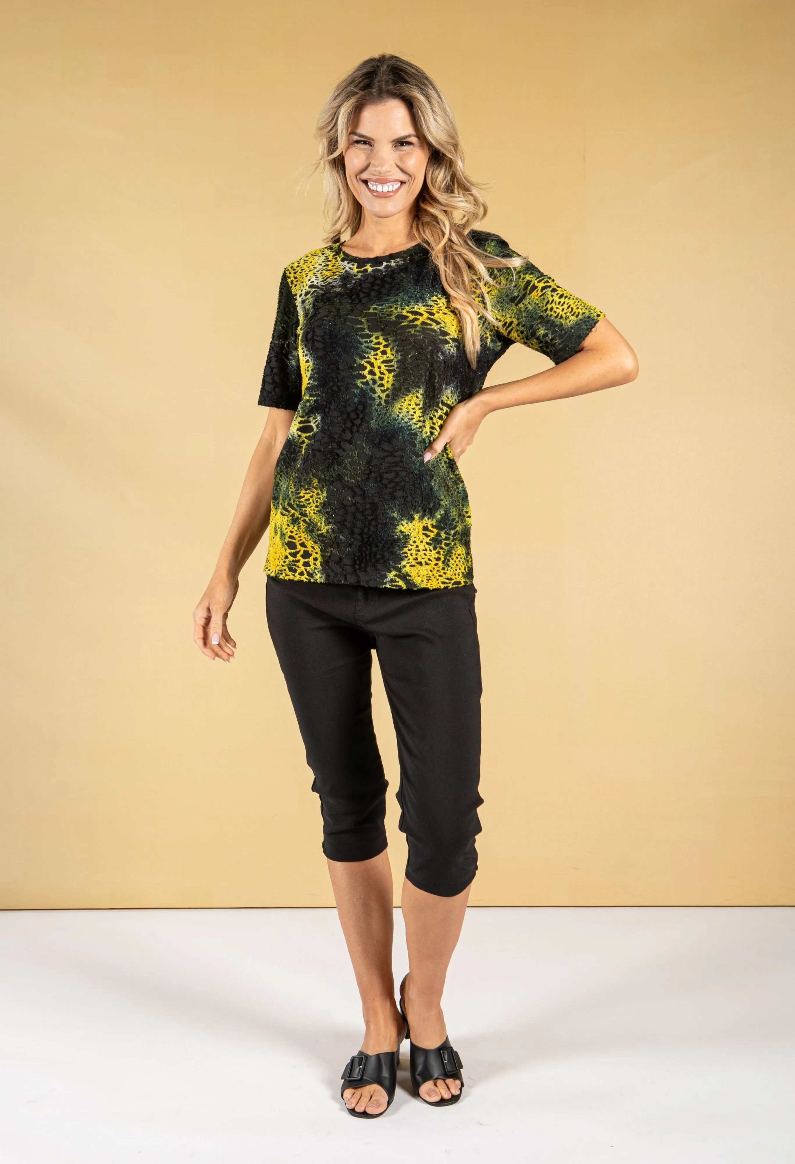 BLACK AND YELLOW FEATHERED TOP