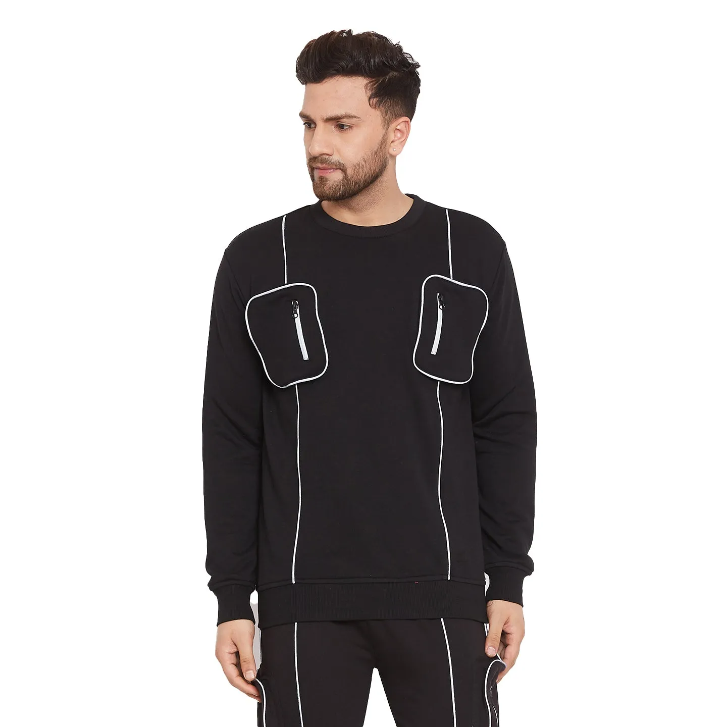 Black Chest Pocket Reflective Piping Sweatshirt