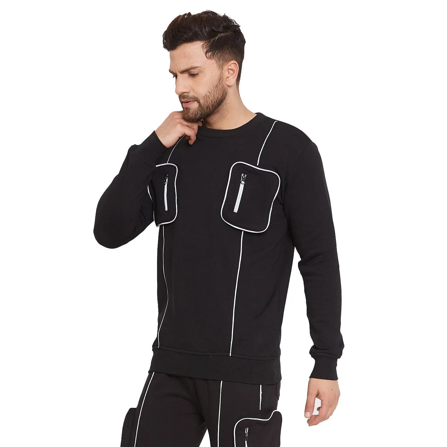 Black Chest Pocket Reflective Piping Sweatshirt