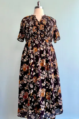 Black Floral Short Sleeve Midi Dress