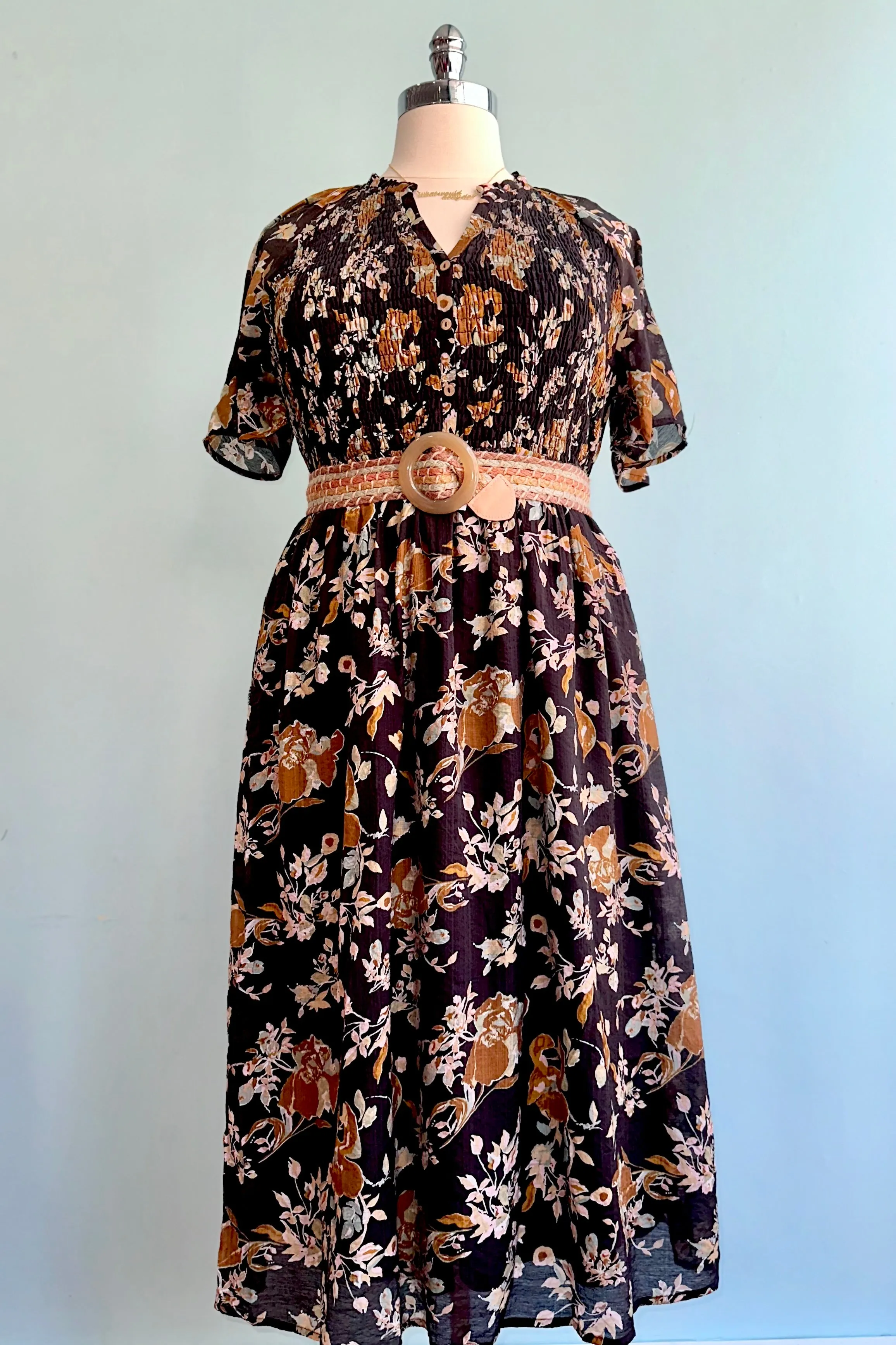 Black Floral Short Sleeve Midi Dress