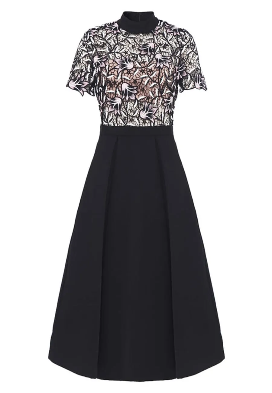 Black Nightshade A-Line Lotus Lace Midi Dress