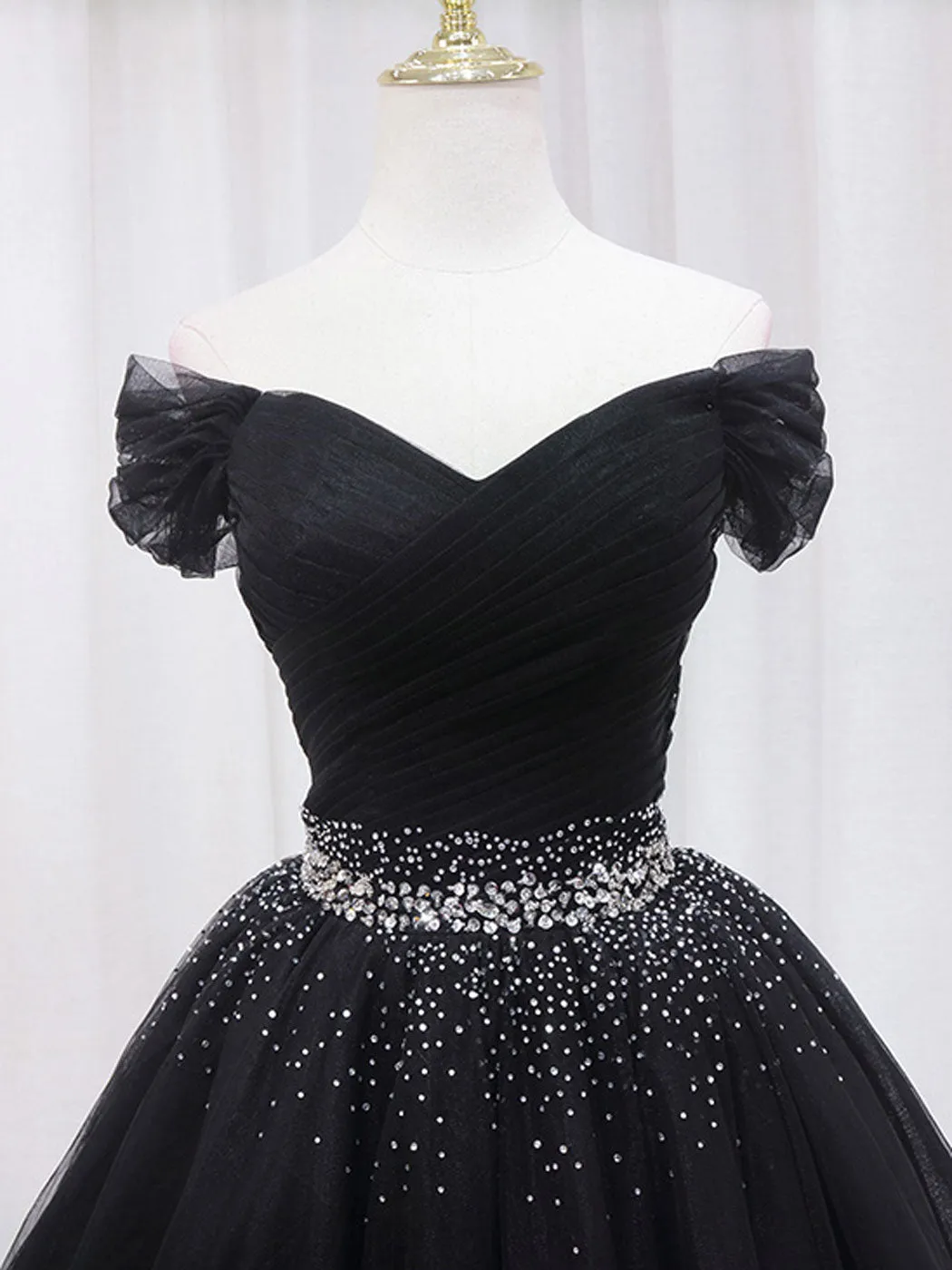 Black Off Shoulder Tulle Sequin Short Prom Dress, Black Homecoming Dresses