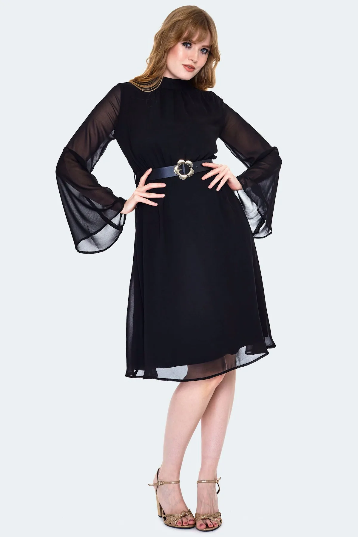 Black Sheer Bell Sleeve Dress by Voodoo Vixen