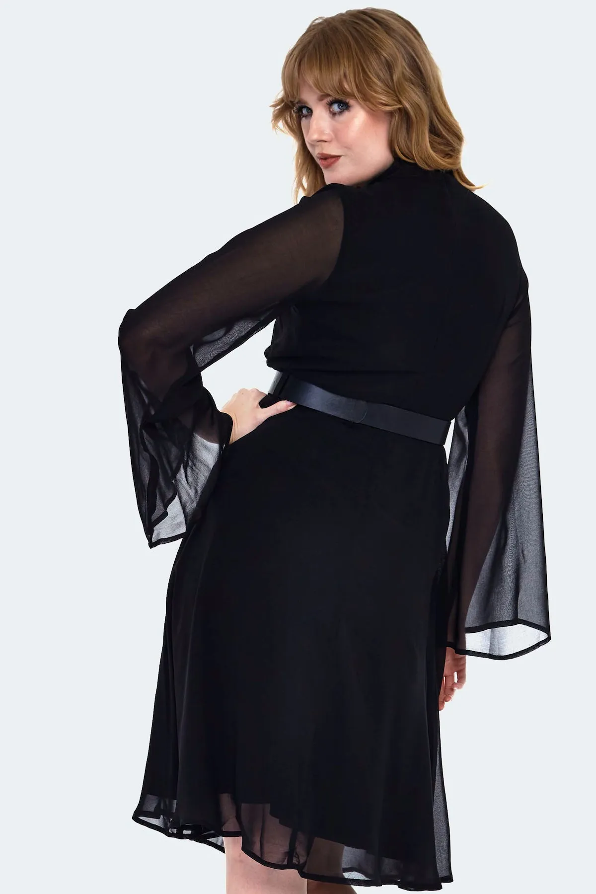 Black Sheer Bell Sleeve Dress by Voodoo Vixen