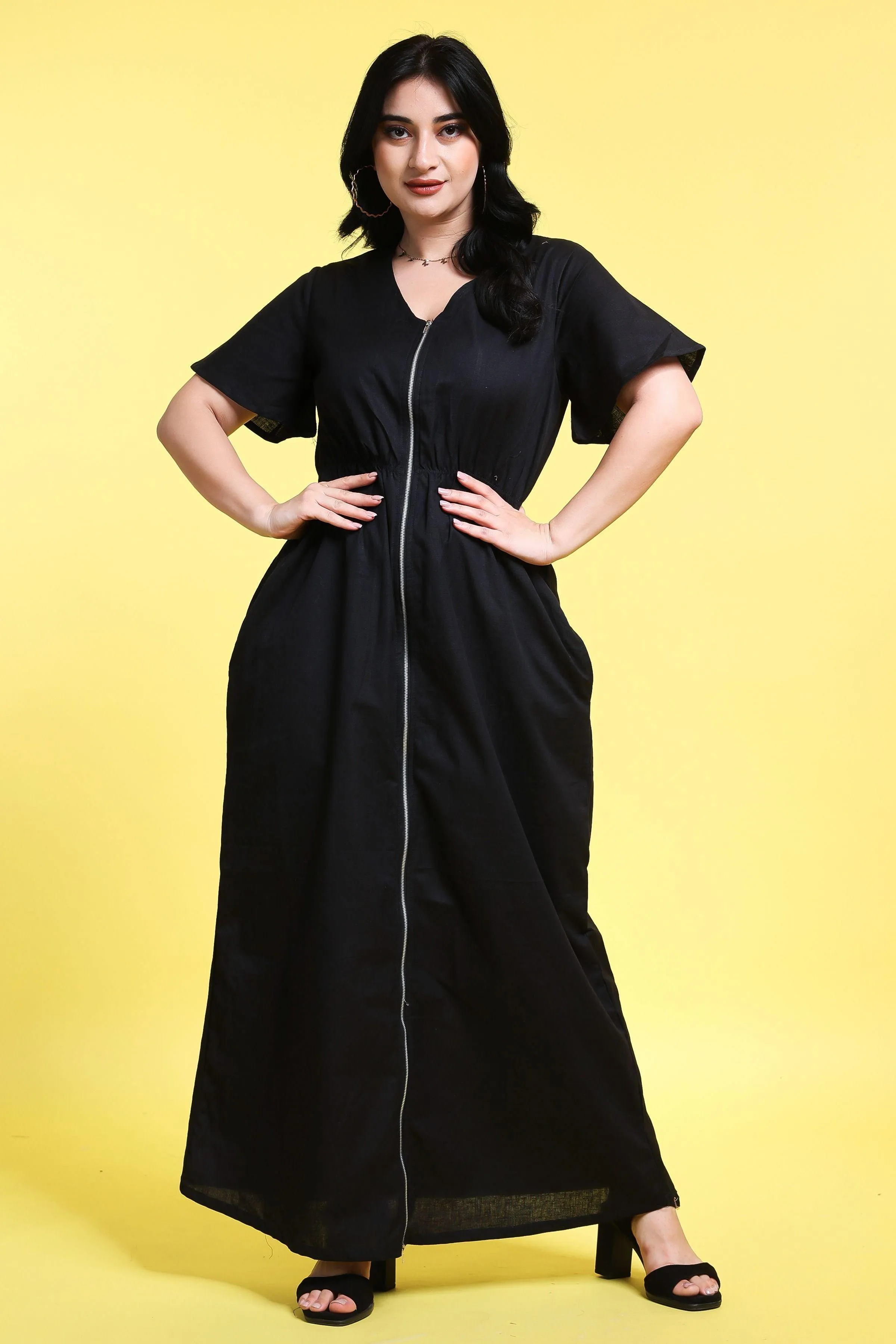 Black Solid Maxi Dress with Front Zip