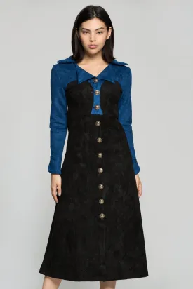 Blue and Black Italian Collar Midi Dress