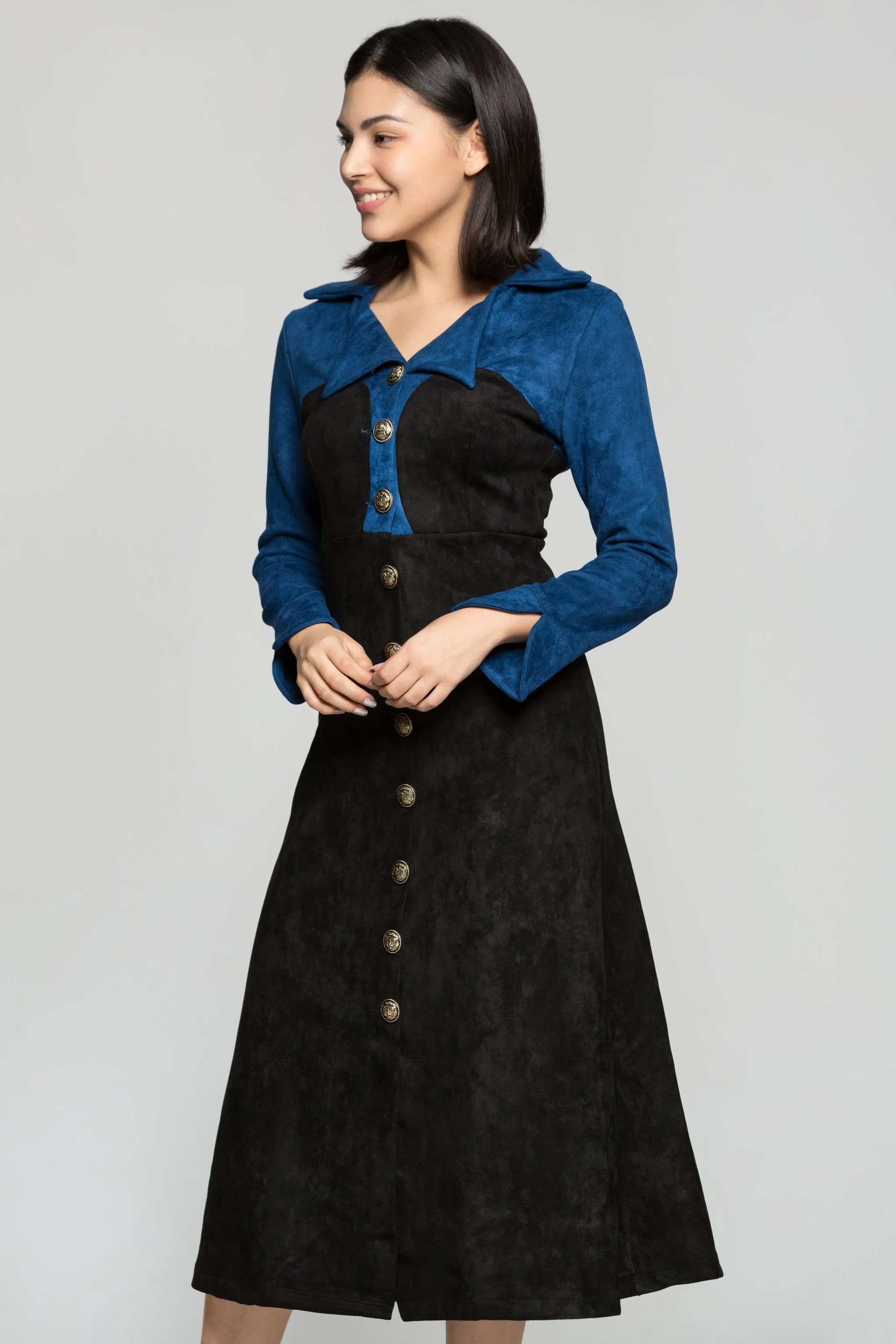 Blue and Black Italian Collar Midi Dress