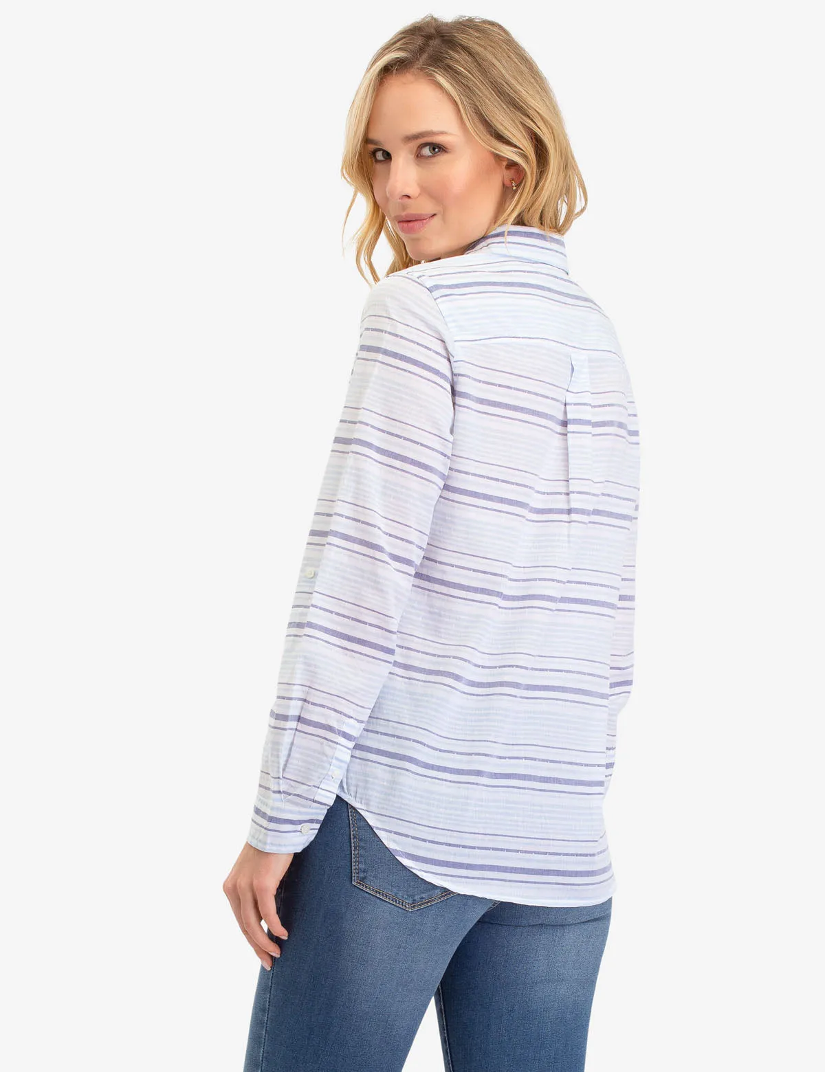 BLUE STRIPED LACE BACK LONG SLEEVE SHIRT