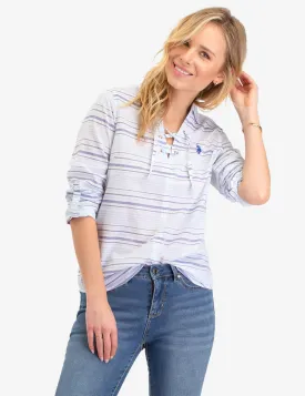 BLUE STRIPED LACE BACK LONG SLEEVE SHIRT