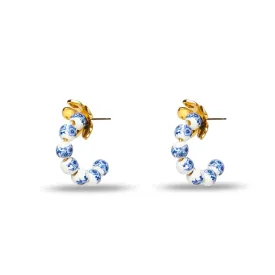 Blue Toile Beaded Azalea Huggie Hoop Earrings