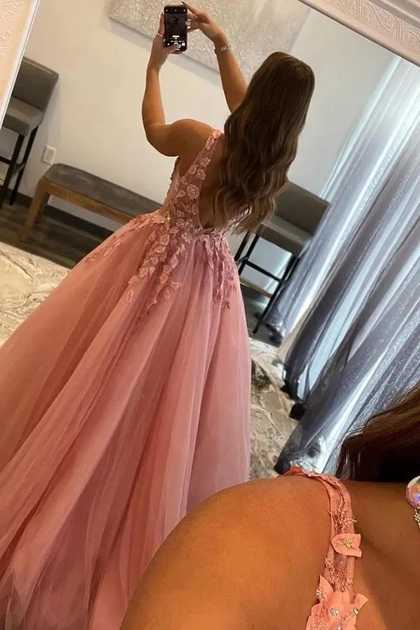 Blush Tulle A-line V-neck Princess Long Prom Dress With Lace Appliques, SP983