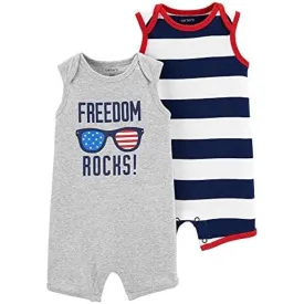 Carter’s 2PC Romper Set, Gray “Freedom Rocks”, Navy Blue Striped, Size 18MO, NWT