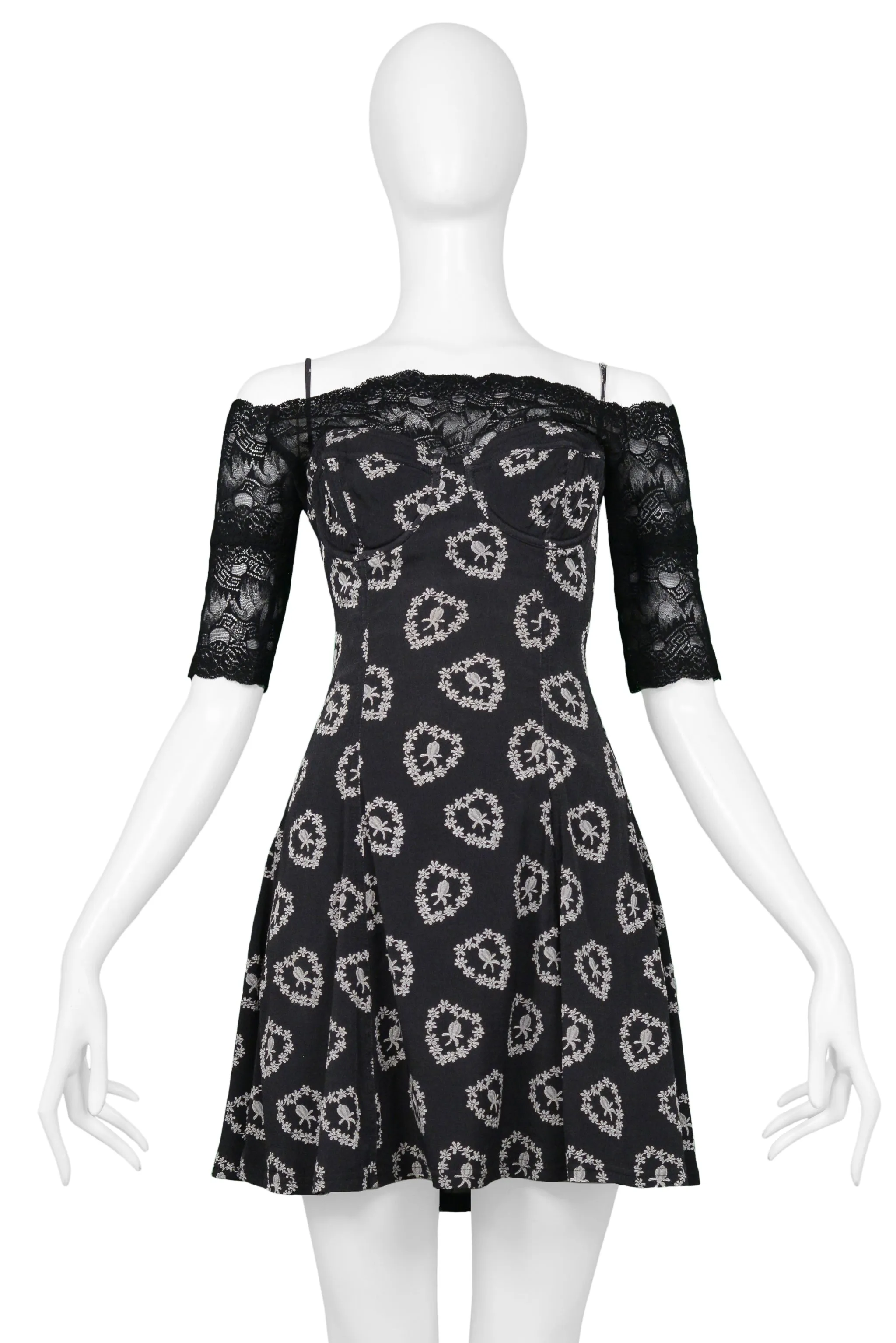 CHANTAL THOMASS PRINTED BUSTIER DRESS WITH LACE SLEEVES 1995